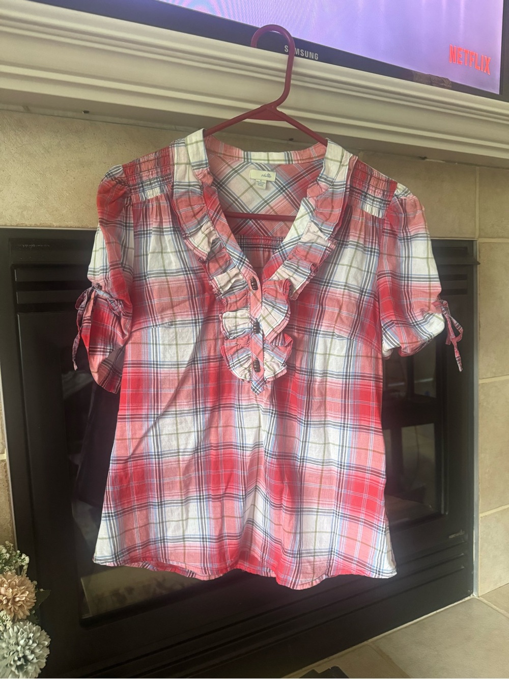 Odille Red White Plaid Ruffle Front Blouse